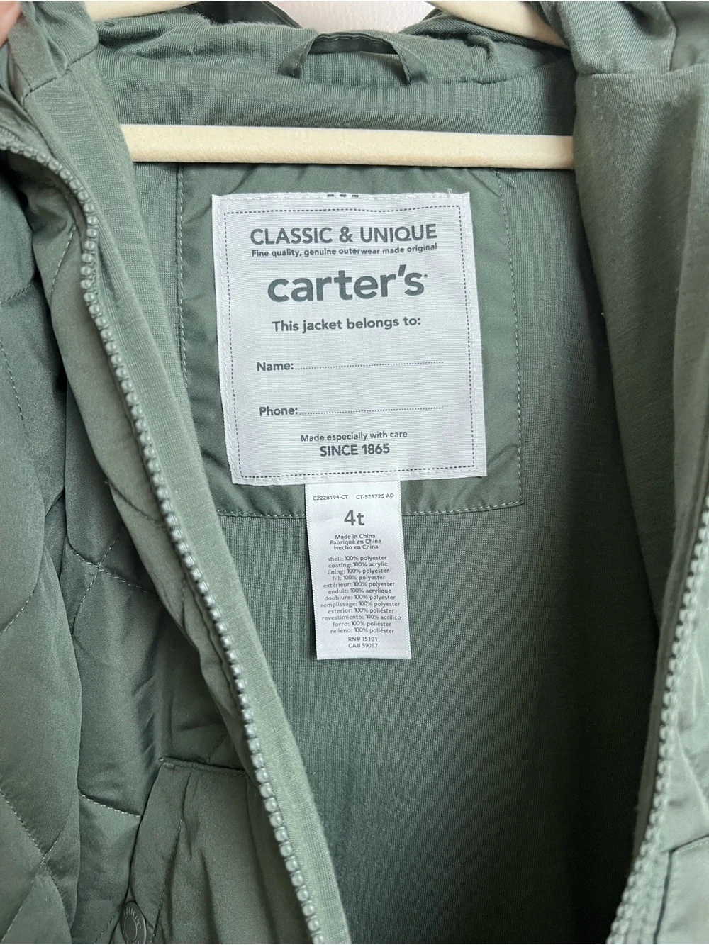 Carter’s Girls 4T Sage Green Quilted Hooded Jacket Coat